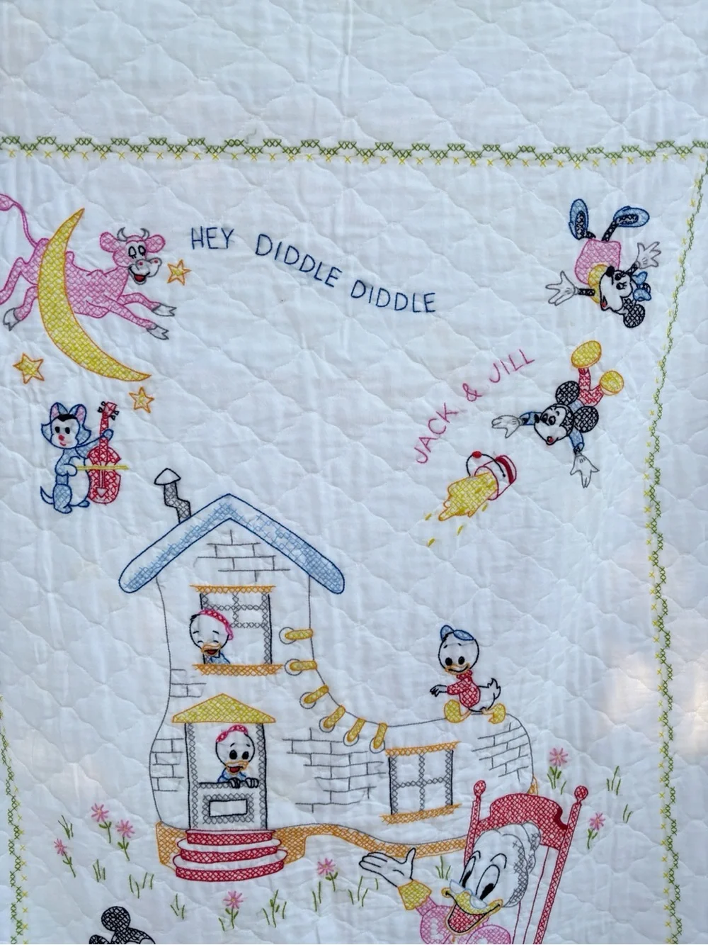 Vintage Disney Cross Stitch Embroidered Crib Quilt Nursery Rhyme Story 60 X 39